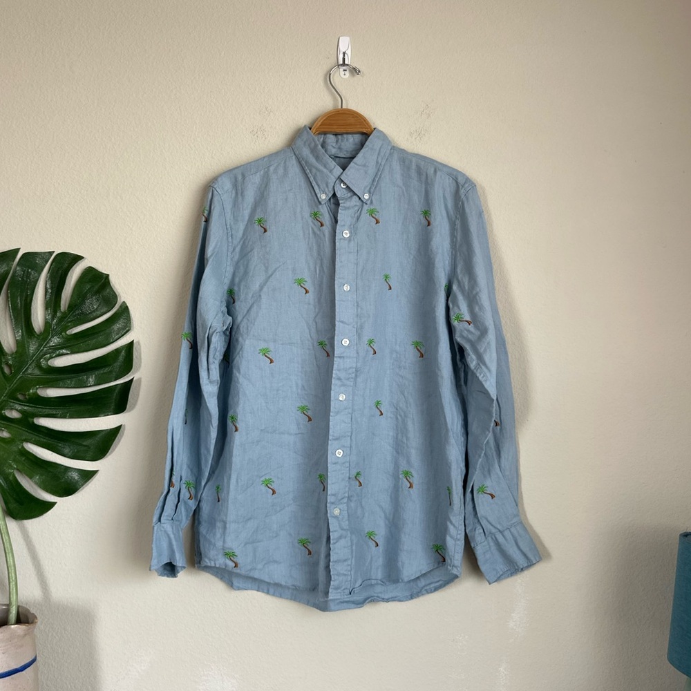 Castaway Straight Wharf Palm Tree Embroidered Linen Shirt